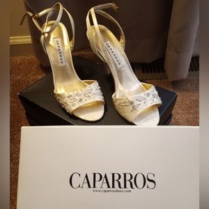 Off white dress sandal with seed pearl and embroidery, size 8